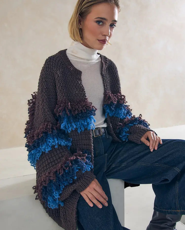 Patron PDF Tricot Phildar : Modèle femme la veste CLARISSE - Phil Imaginaire Alpaga bouclé - Intermédiaire