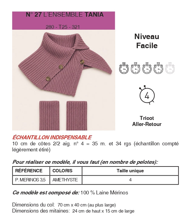 Patron PDF Tricot Phildar : Modèle femme ensemble TANIA col et mitaines en phil mérinos - facile