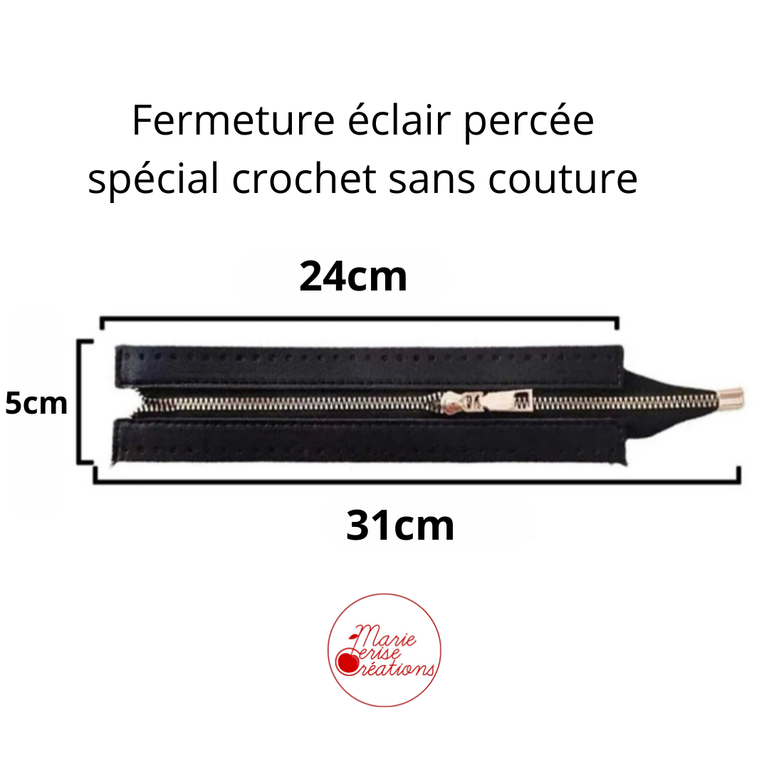 Fermeture éclair percée en simili cuir noire et métal doré 22cm