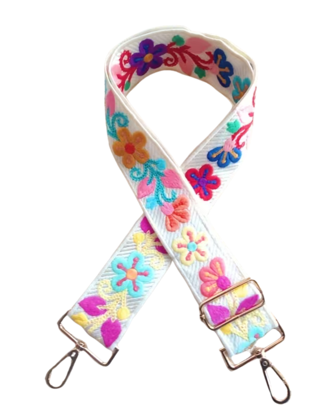 Bandoulière de Sac LYANA BLANCHE - Motifs Fleurs Brodées Sangle Réglable et Amovible 5cm