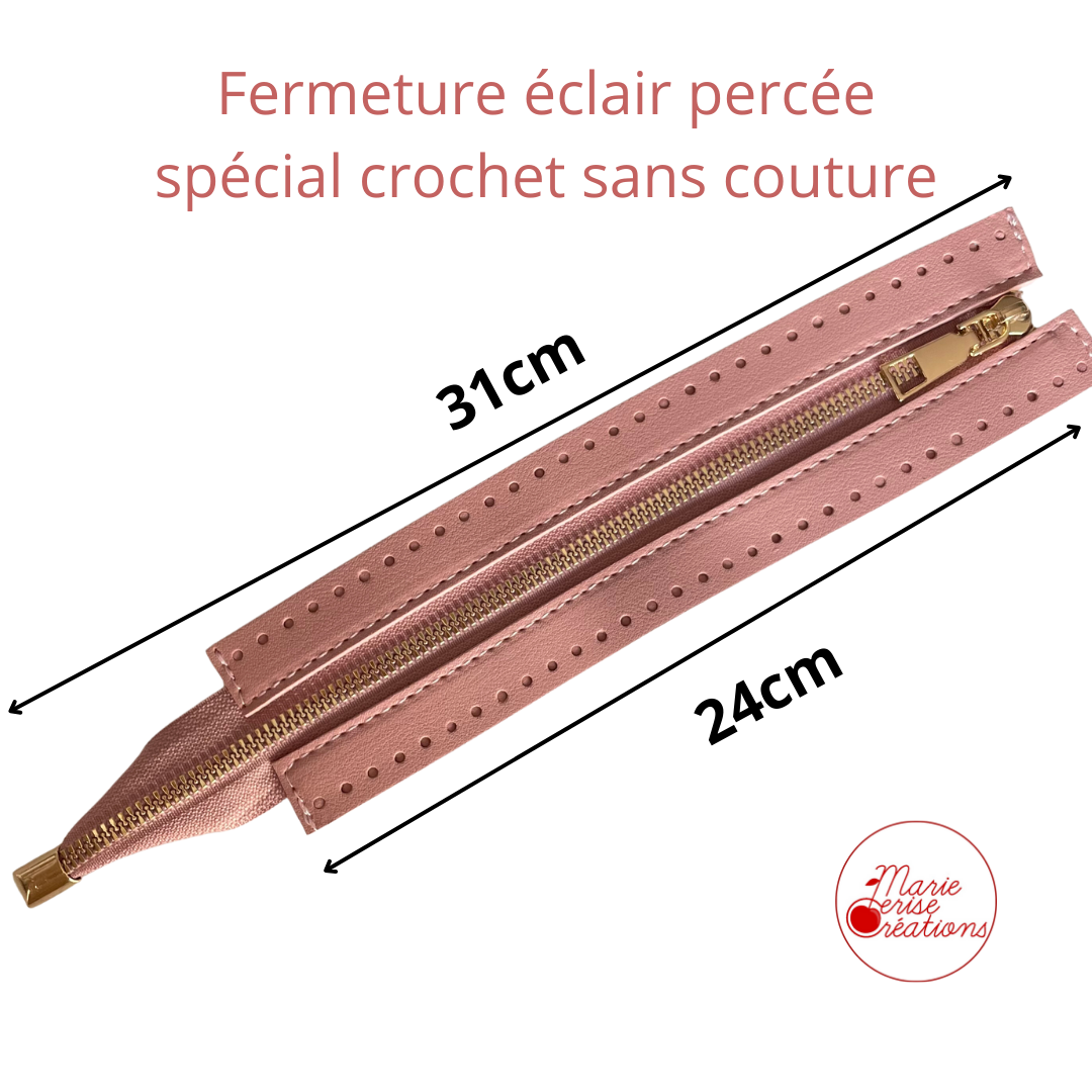 Fermeture éclair percée en simili cuir rose et métal doré 24cm - Sans couture pour sac et trousses au crochet