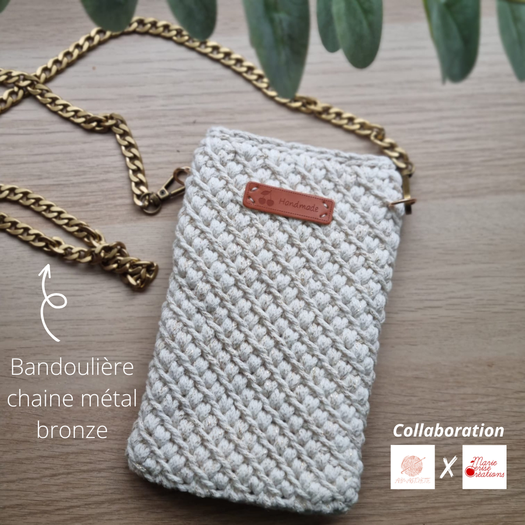 KIT CROCHET : La Pochette Téléphone AMANDINE (avec bandoulière chaine bronze) - Niveau Débutant