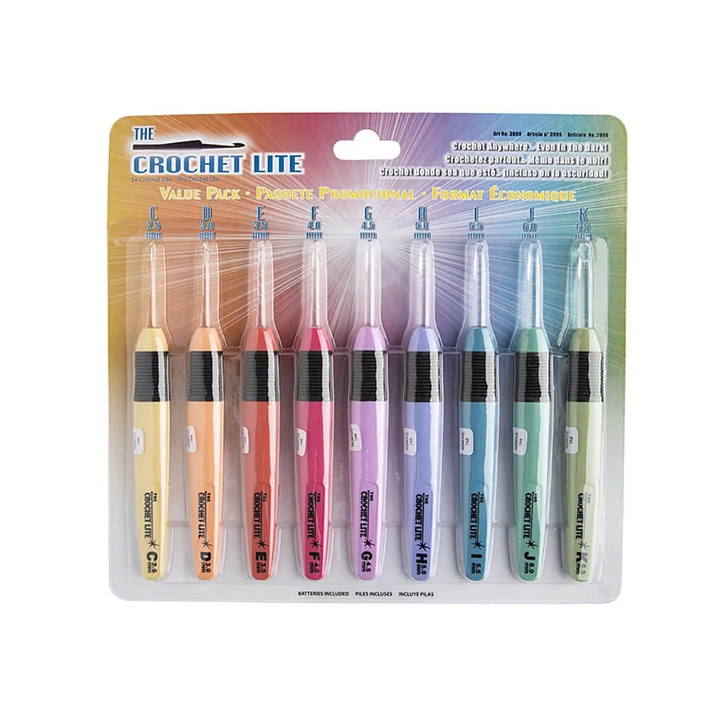 The Crochet Lite : Kit de 9 Crochets Pastels Lumineux 2.50 mm à 6.50 mm - Piles incluses