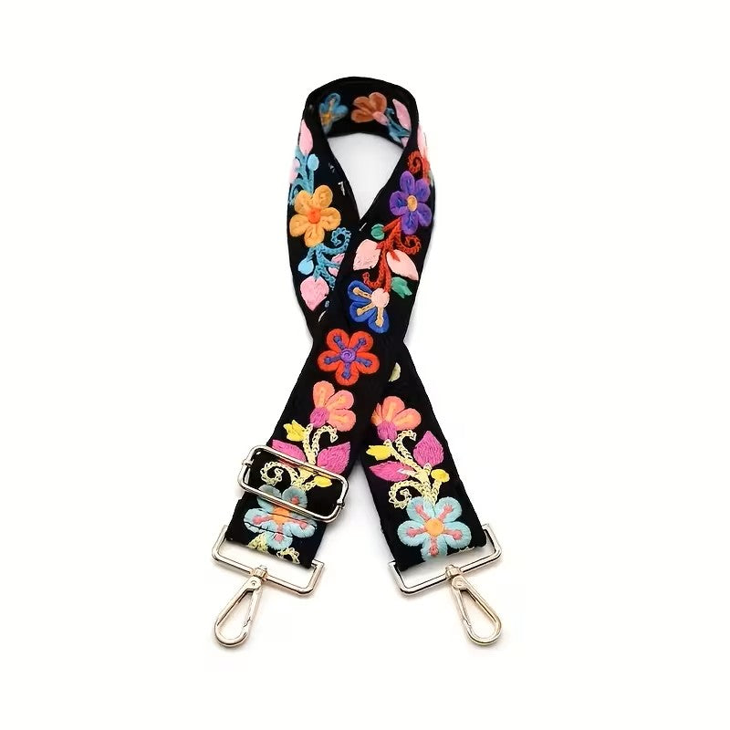 Bandoulière de Sac LYANA Noire - Motifs Fleurs Brodées Sangle Réglable et Amovible 5cm