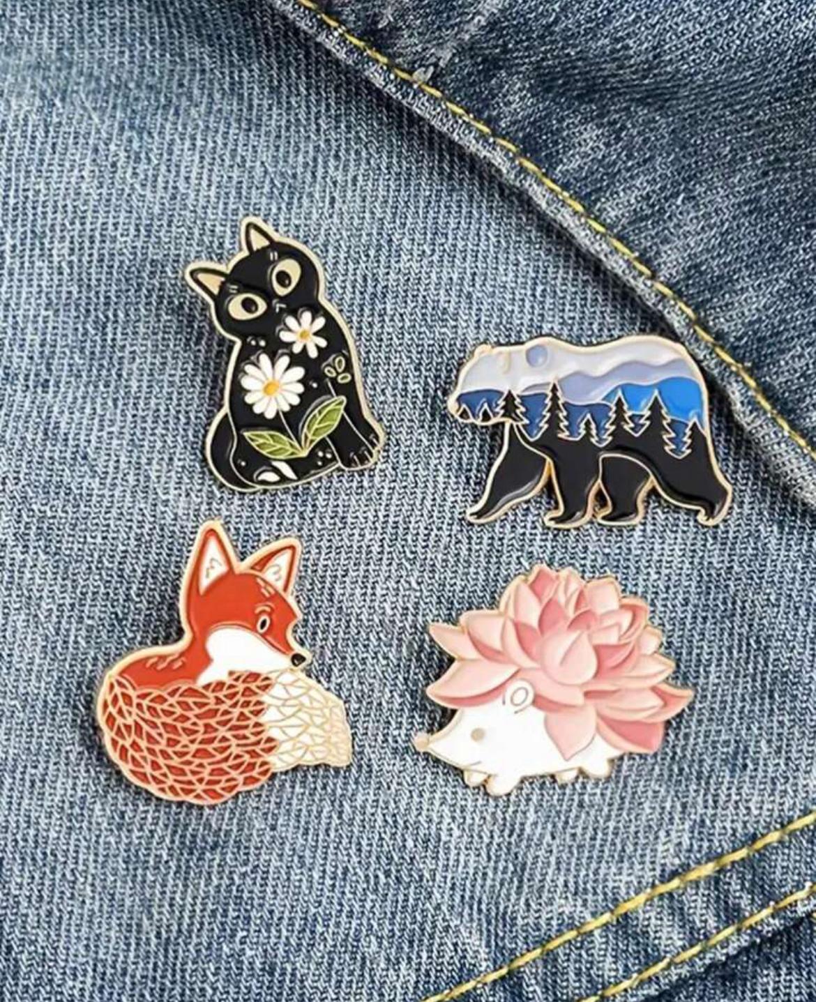 PINS : chat noir - ours - renard - hérisson émaillés